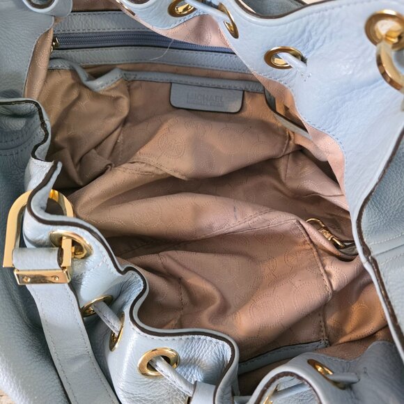 Michael Kors Camden Pebbled Leather Drawstring Bag Light Blue Tasseled Classic - Picture 3 of 12